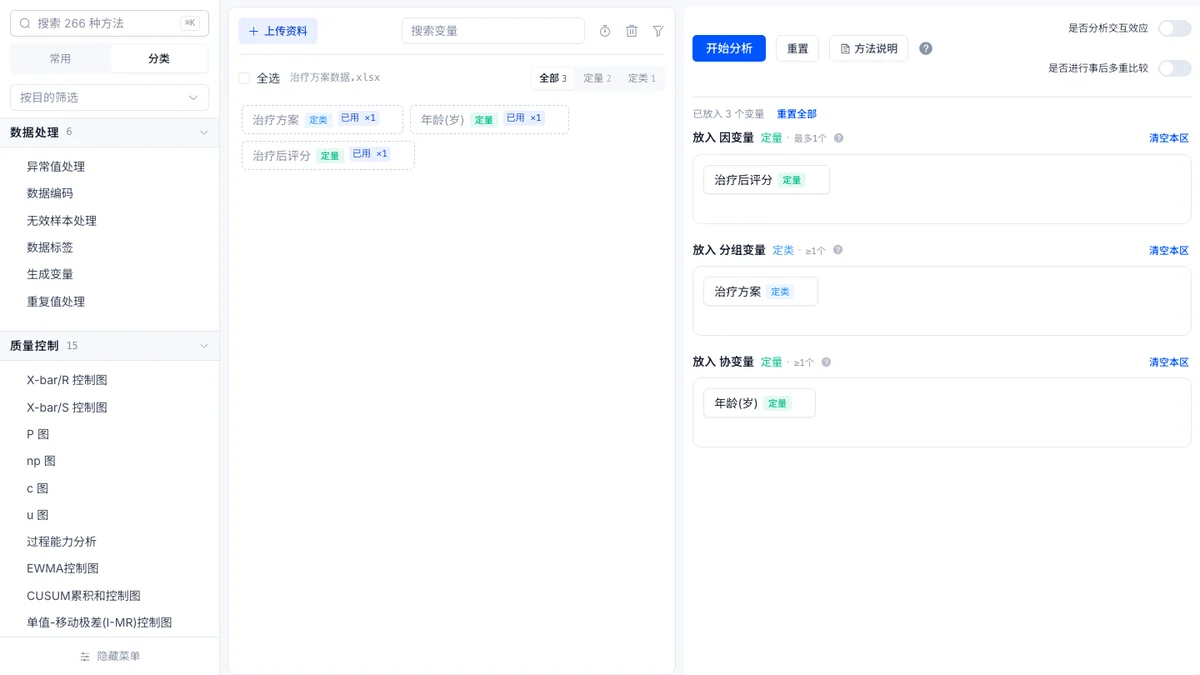 协方差分析工作台截图：三个区已放入变量，两个开关保持关闭
