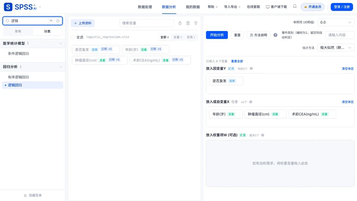 搜索框输入「逻辑回归」并载入演示数据后的页面，因变量区与自变量区已放入演示列