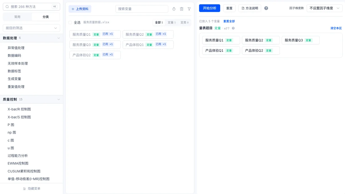 效度分析工作台截图：5 个题项已放入量表题目区