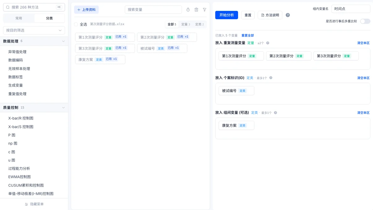 重复测量方差分析工作台截图:三个区已放入变量,事后多重比较开关关闭