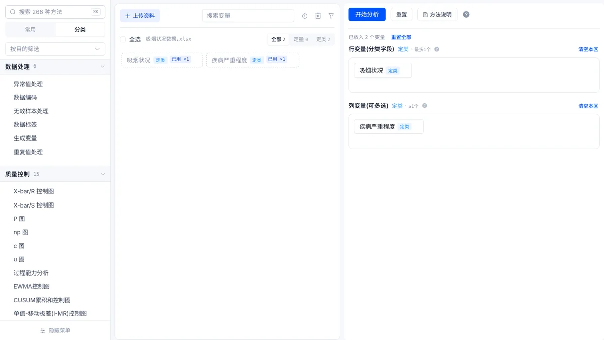 列联(交叉)分析工作台截图:行变量与列变量已放入对应区